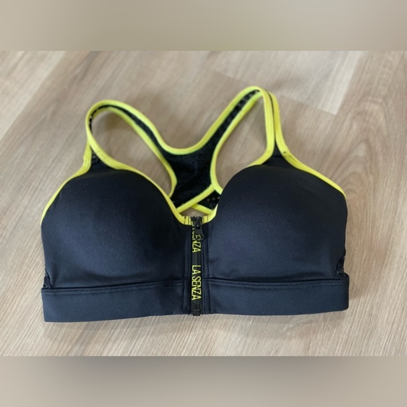 LA SENZA Black & Yellow zip-up Sports bra with crisscross back. Size Small - Picture 2 of 8